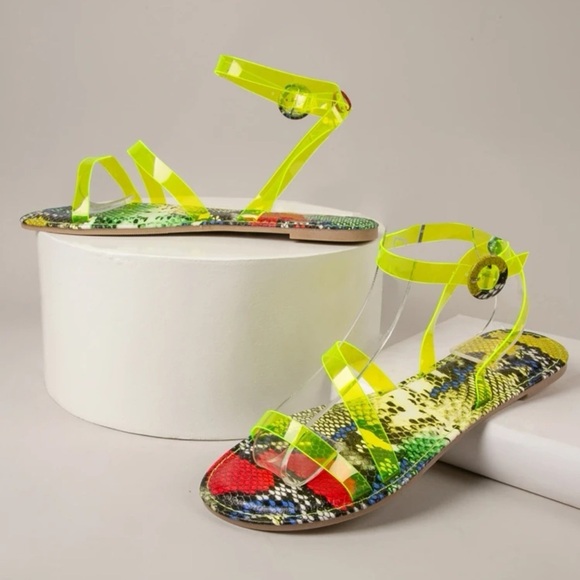 Multi snake neon strappy ankle wrap tie bright slide sandals - Picture 1 of 7